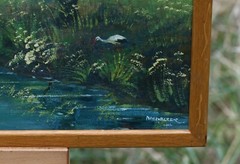 Oil on Cardboard Painting, Signed Unknown, Landscape Stream Trees, Framed, OOAK