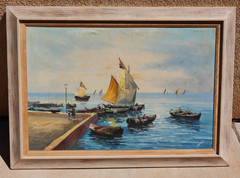 Italian Seaport with Fishing Boats oil painting signed Cantoni