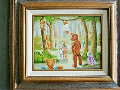 Bear Friends Forest fantasy Folk Art Oil painting by R. Smith whimsical colorful