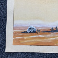 Science Fiction Watercolor Spaceship Landing Party Bird Planet Signed J. Wilson