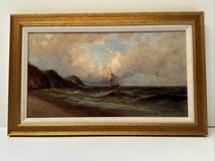 Antique Beach Painting Sunset Evening Night Coastal Ship View Harnett New York