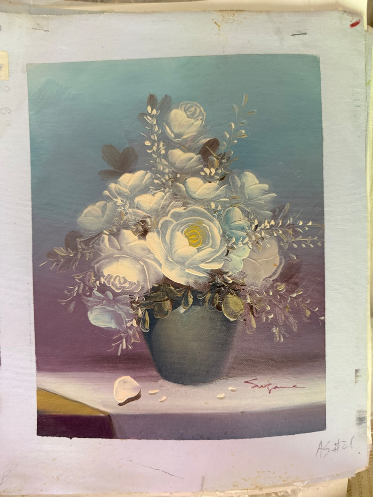 Vintage Still Life White Roses Floral Bouquet Decorative Oil Painting Art