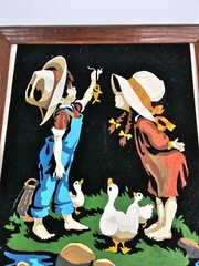 Vintage Mid‑Century Black Velvet Painting “Boy Fishing with Girl” 15.5″ × 12″