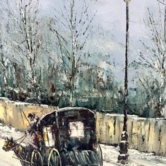 Antique Original Oil Painting by Agustin Gonzalez Parisian Street Scene Carriage