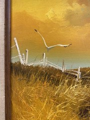 Orginal Oil Painting Signed Lighthouse Landscape Wood Frame Linen Matting