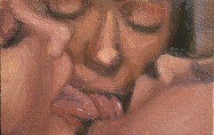 Female Risque Kiss Oil Painting, 4″x6″ Signed and dated READ Description