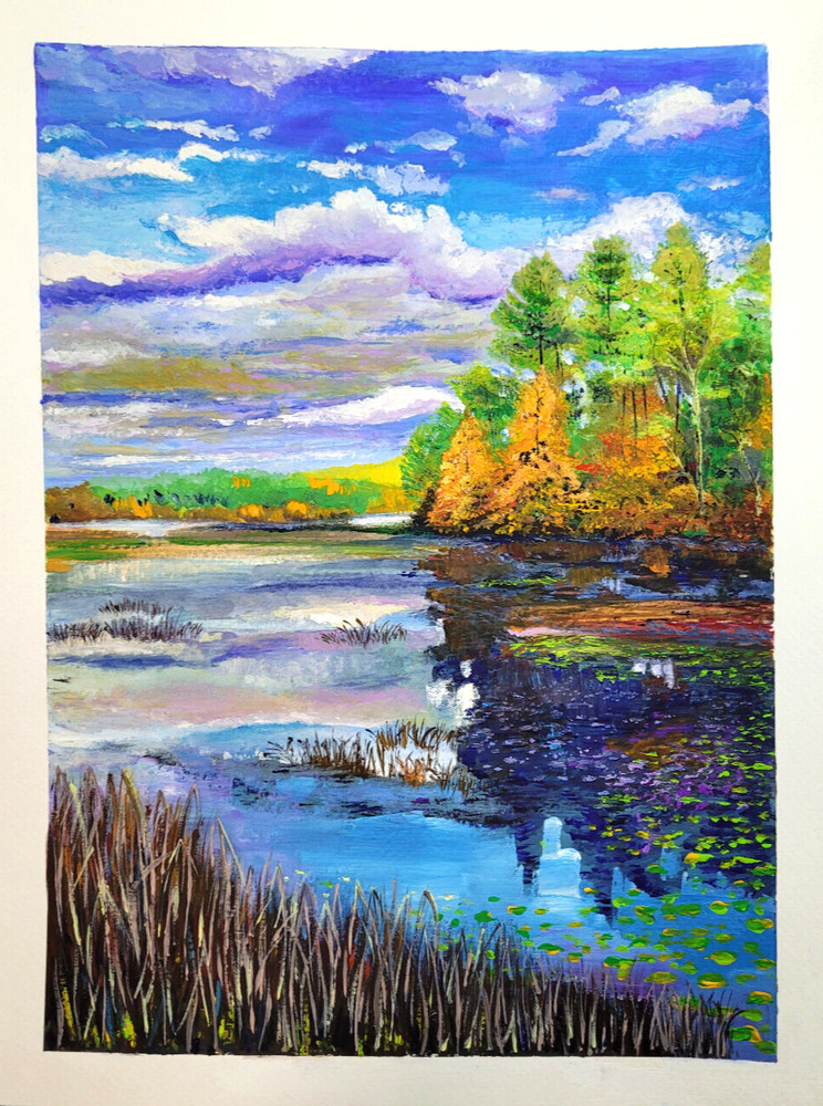 Autumn Fall Painting Lakeside View Landscape Gouache Original on Paper 12 x 9 In