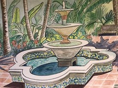 FOUNTAIN at COCONUT GROVE Original Watercolor & Pen & Ink art K Jones Miami FL