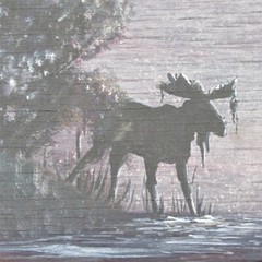 Moose painting on wood Lori Paineak Wood ’n Art Dorset 2009 night moon 9 x 11