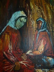 Vintage Cubism Oil Painting, Bedouin Women in Market, Signed E. ENOS, 64 x 54 cm