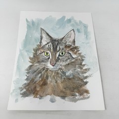 Original OOAK Watercolor Painting Fluffy Cat Art Light Brown Green Eye 9×11 8×10