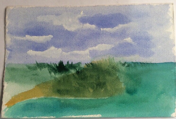 Original Painting Watercolor Island Green Blue Ocean Sky Reef 4 3/4″ x 7 1/2″