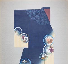 Vintage Japanese Traditional Kimono Illustration on Silk, Asian Water Color Blue