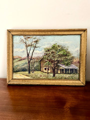 Antique Log Cabin Landscape Oil Painting Framed Unsigned circa 1930