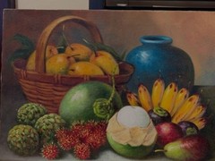 Original Oil on Canvas Caribbean/Tropical Fruit Painting with Basket and Jug