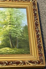70s Vintage Nature Oil Painting Framed Rustic Cabin Cottagecore Lake Wall Art
