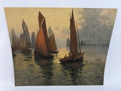 Vintage Mid Century Asian Harbor Painting Signed Haji Zi Chinese Junk Boats
