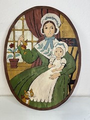 Primitive American Folk Art Painting On Wood Mom with Baby & Cat No Date/Artist