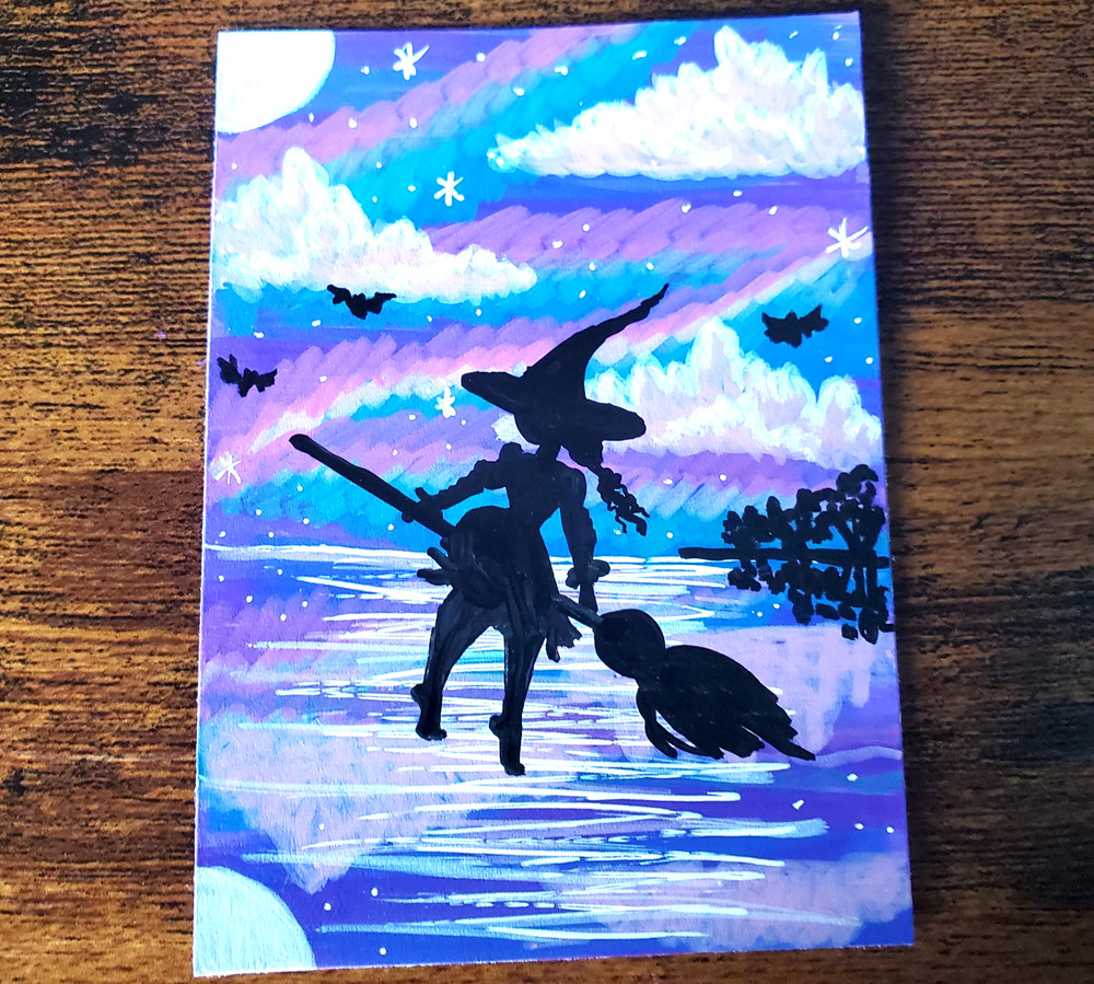 ACEO Original Art Card, Flying Witch on a Broom in the Moonlight, OOAK
