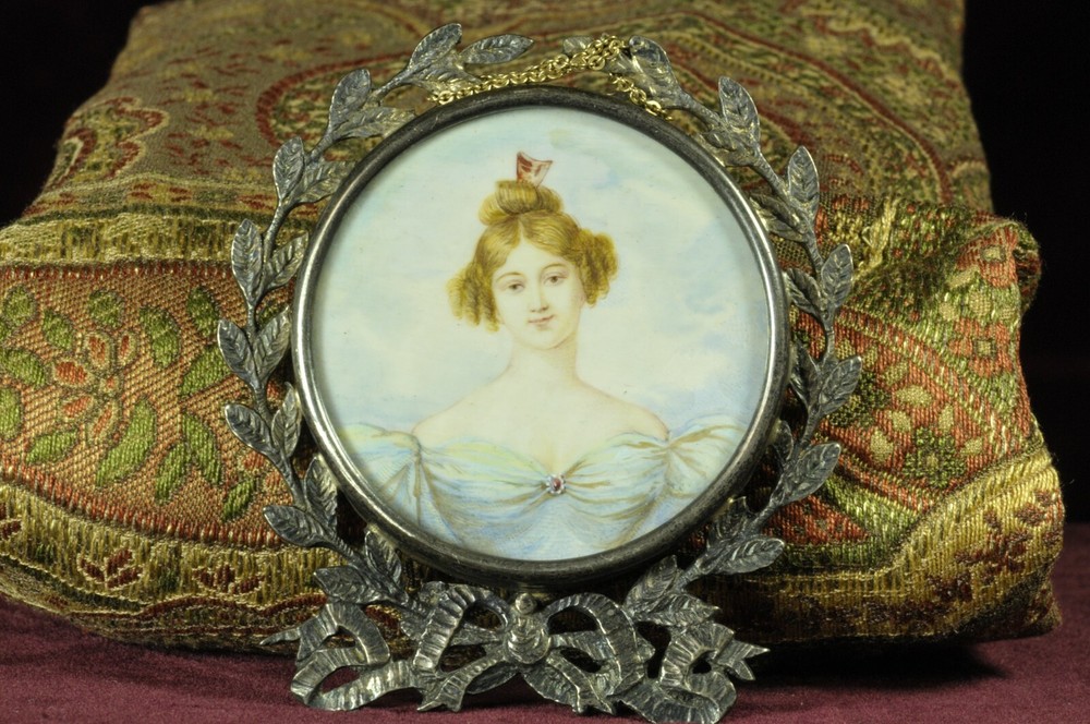 Hand paint miniature portrait in sterling silver frame, 1860’s, “Marie de Coisac