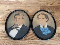 Antique Folk Art Watercolor and Gouache Portrait Paintings of a Couple