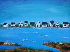 Impressionism 9×12 SeaShore Village acrylic Hand Made One of a kind Art Painting