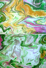 9 X 12 ACRYLIC POUR PAINTING on PAPER GREEN ROSE PINK YELLOW WHITE SATIN GOLD
