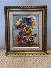Oil Painting Pansies Renate Dollinger COA colorful floral Gold Ornate Frame