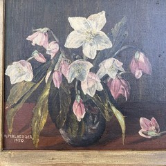 Vtg 1950 MCM Original Oil Painting Signed M. Perlberger Floral Still Life 12×14