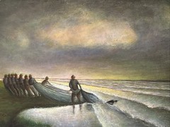 Antique Painting Wpa Regionalism Beach Fisherman Sunset Evening Coastal Sea Oil