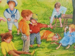 Vintage excellent exhib. 1980’s Watercolor framed signed „Children in the Park“