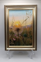 Original Miniature Oil Painting Dandelion Meadow Sunset Framed Floral Small Art