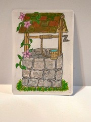 ACEO Original- Rustic Stone Wishing Well with Pink Flowers, Acrylic Mini Art