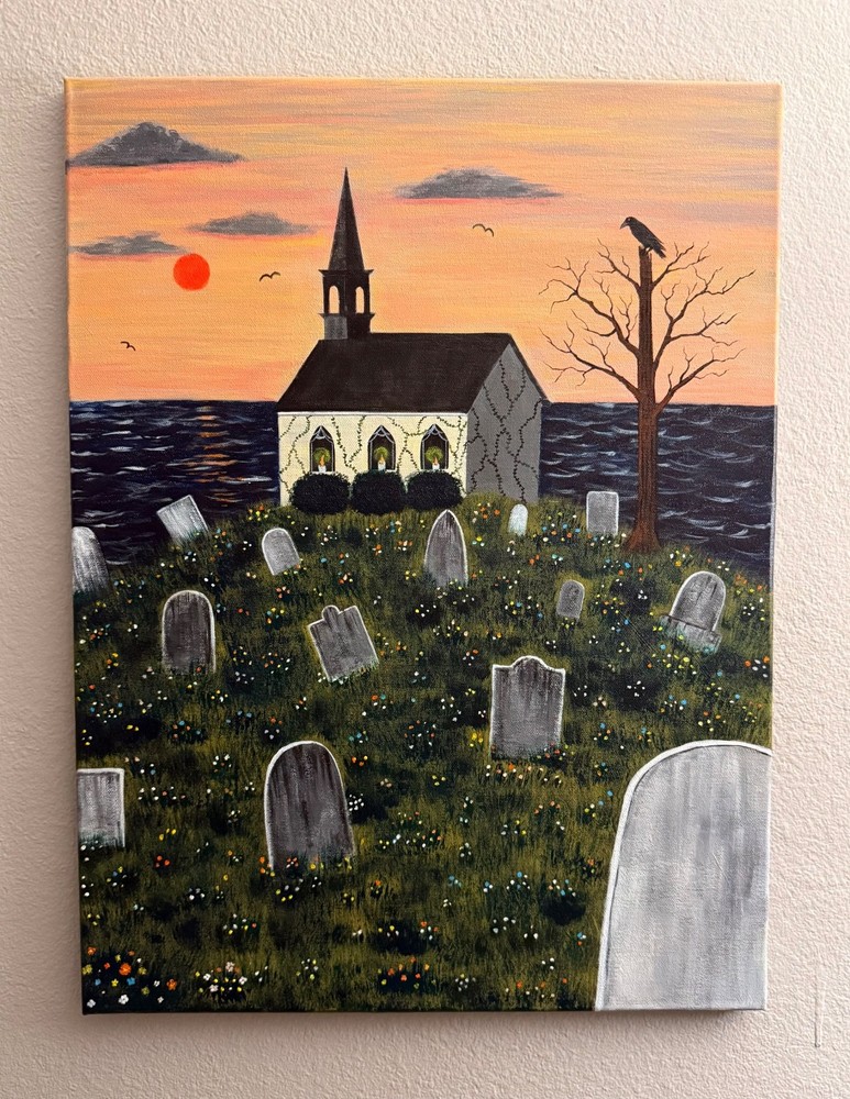 Original Acrylic Painting, Seaside Chapel Cemetery, 18x24inch Canvas