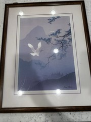 Wood framed Kaisha Tsual’s SWAN IN FLIGHT Lithograph Print 23.75″ x 29.75″