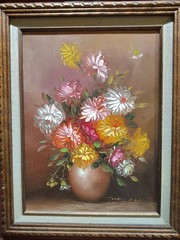 Vintage Robert Cox Flowers In Vase Oil Painting – Handmade Wood Frame 24″x20″