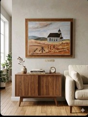 Vintage 1978 Original Oil Painting – Country Church Landscape – Framed