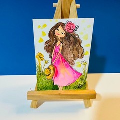 Original ACEO Girl Pink Dress Watercolor Painting Floral Cute Whimsical Mini Art
