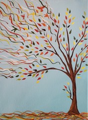 ORIGINAL ABSTRACT TREE FALL LEAVES ARTWORK PAINTING ACRYLIC ON CANVAS 9X12 ooak