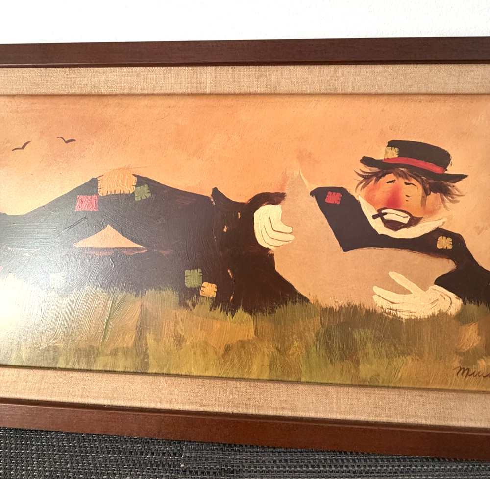 Vintage Machado Folk Art Hobo Clown Painting Signed Framed Mid Century Rustic