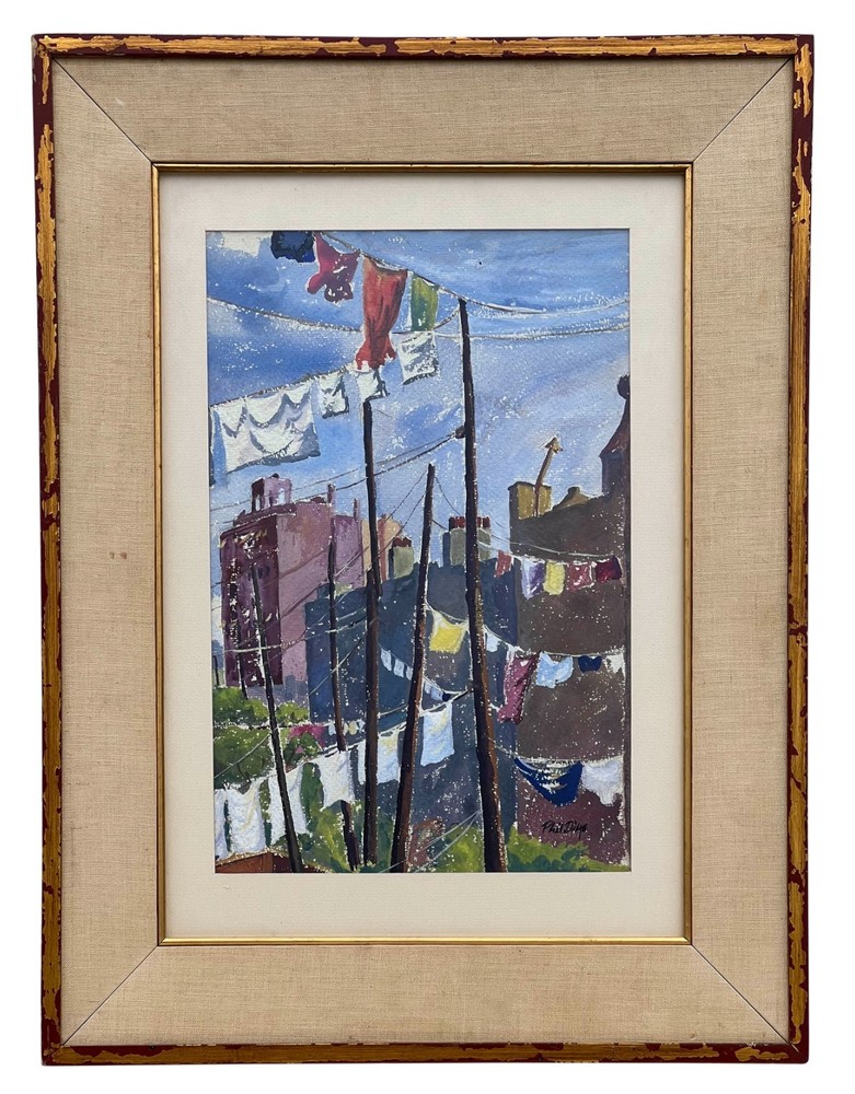 Phil Dyke (1906-1990) Signed Watercolor „Laundry Day“ California WPA Disney