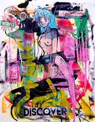 Original Expressionist Art 14×11 Dinosaur Woman Acrylic Painting Collage Paper