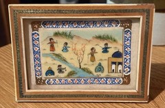 VTG Persian Miniature Painting On Camel Bone Panel In Khatam Frame 6” X 4” RARE