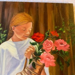 Girl with flowers Young woman portrait original painting Vintage 90s roses