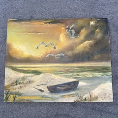 Vntg Original 1970’s Seascape Oil Painting Seagulls Birds Boat Beach 16” X 20”
