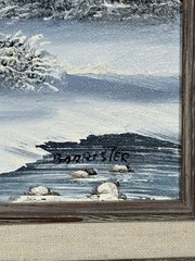 Winter Landscape Oil Painting Signed Barrister, Snow Scene in Rustic Wood Frame