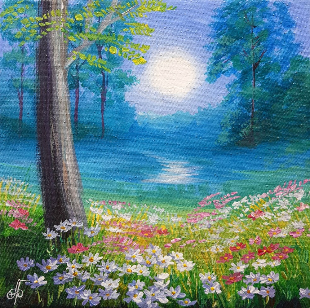 Moonlit Summer Night Landscape Acrylic Painting Original Floral Nature Art 8×8