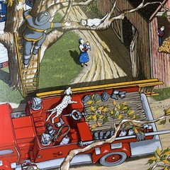 H. HARGROVE Painting of Fire Truck and Cat In The Tree. HUGE!
