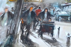 ORIGINAL PAINTING WATERCOLOR BRNO CITY SCAPE STREETS CAR URBAN MODERN 26″x 22″in
