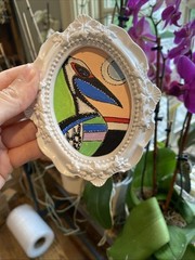 5/4 Abstract Bird,pelican,Painting On Paper,framed,cute,funny,miniature,folk Art